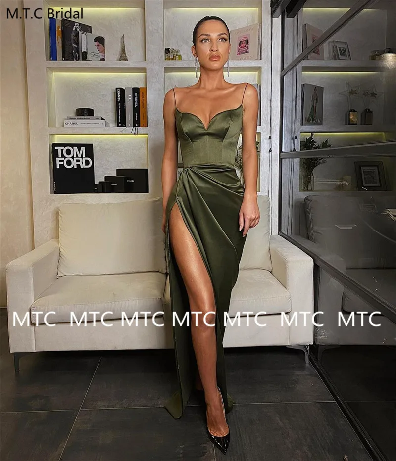 High Slit Long Sexy Prom Dresses 2021 Backless Spaghetti Straps Satin Formal Occasion Women Prom Party Gowns Custom Made