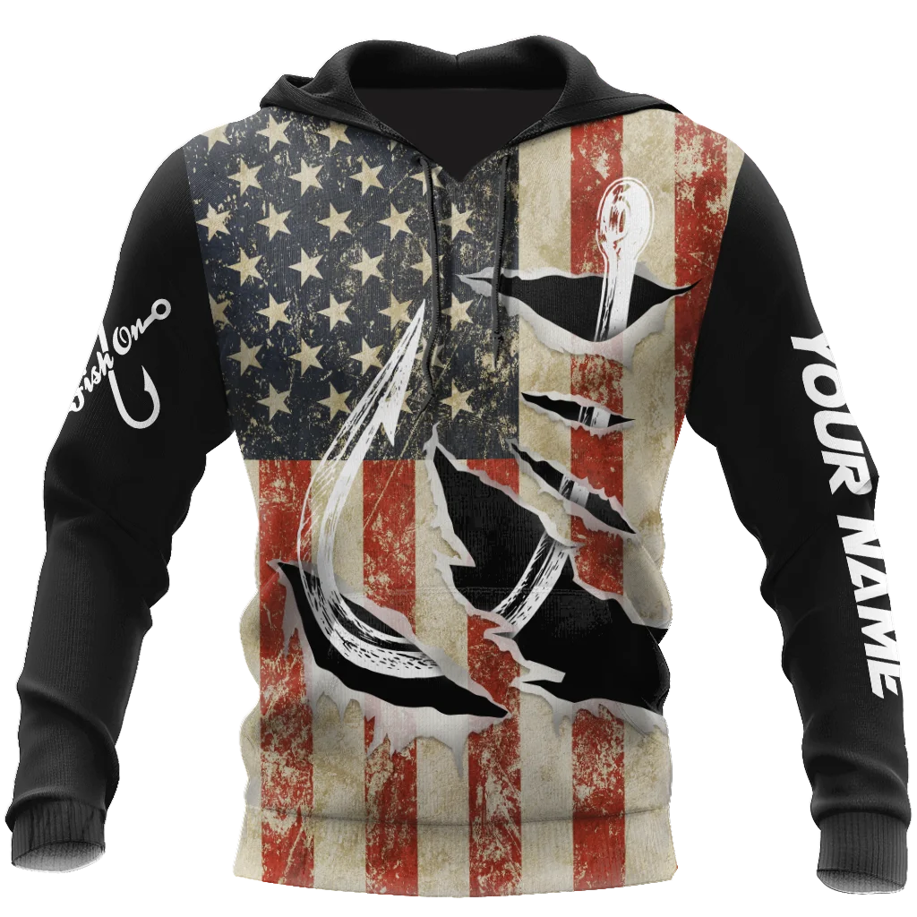 Custom Name Hooked On Fishing America Personalized Name 3D Print Unisex Hoodies For Men/Women Autumn Casual Pullover Zipper Coat