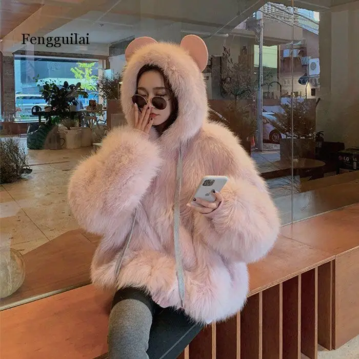 

Fox Fur Collar Hooded Luxury Rabbit Faux Fur Jacket Manteau Femme Hiver Patch White Teddy Coat Woman Winter Overcoat