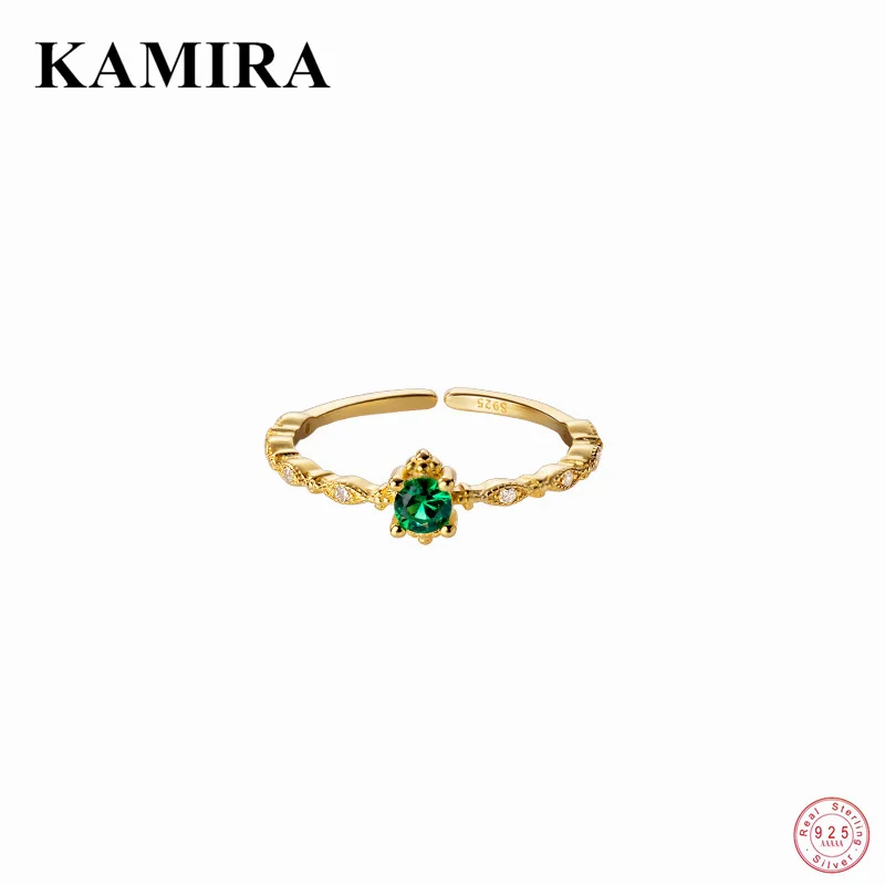 KAMIRA 925 Sterling Silver Cuban Luxury Green Zircon Open Ring for Women Party Charms Adjustable Gold Simple Jewelry Accessories