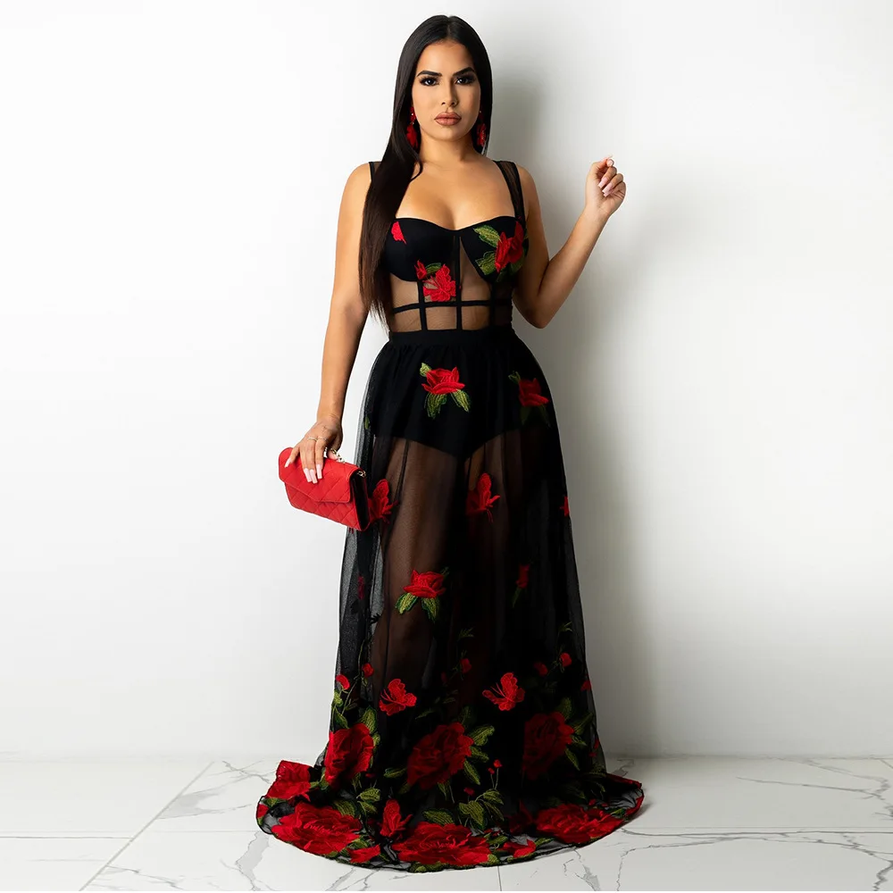 Sexy Floral Stickerei Sheer Mesh Patchwork Maxi Party Kleid mit Unterwäsche Spaghetti-trägern Enge Taille Transparent Vestidos