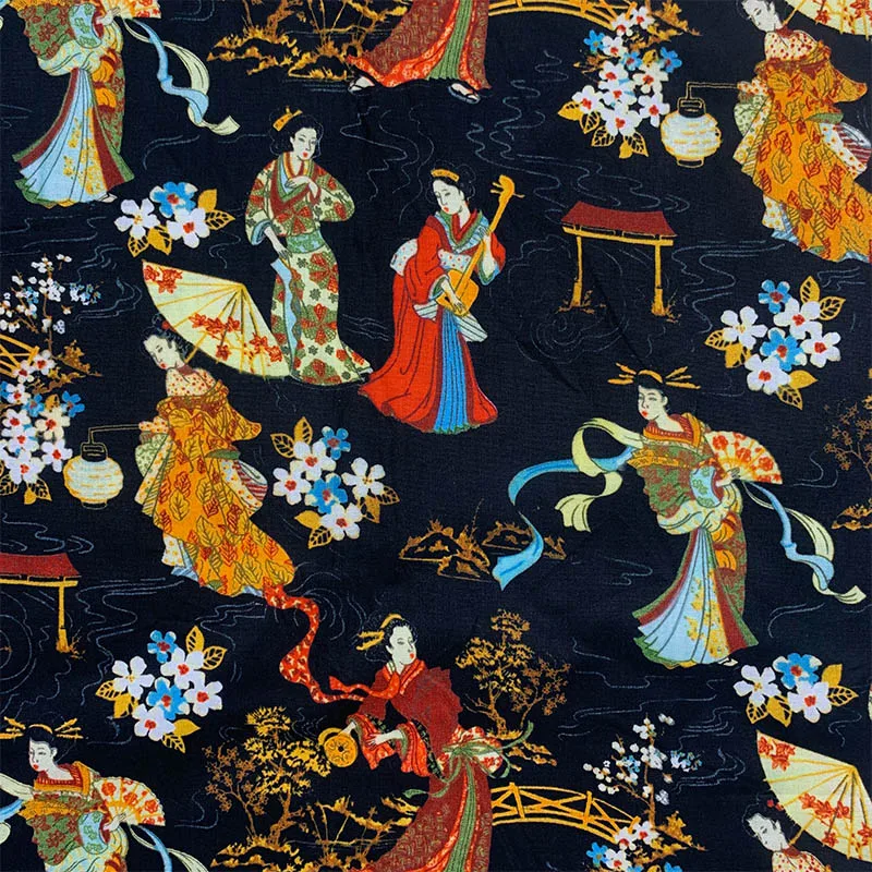 Beautiful 100% Cotton Fabric Black Japanese Style Woman Pattern Digital Print Sewing Material DIY Home Patchwork Dress Clothing