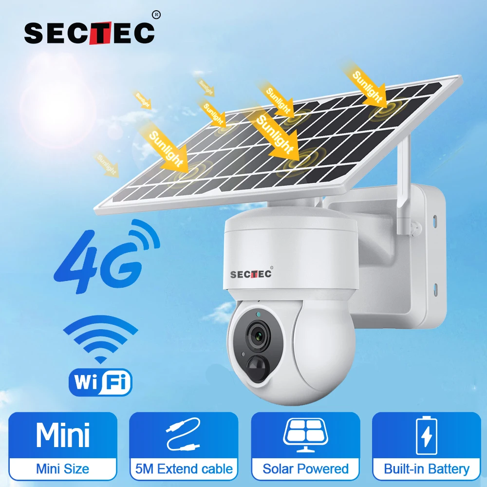 SECTEC Solar Panel Camera 4G / WIFI HD Solar Panel Outdoor Wifi Camera Surveillance 4G Cam With Sim Card CCTV Security Protectio