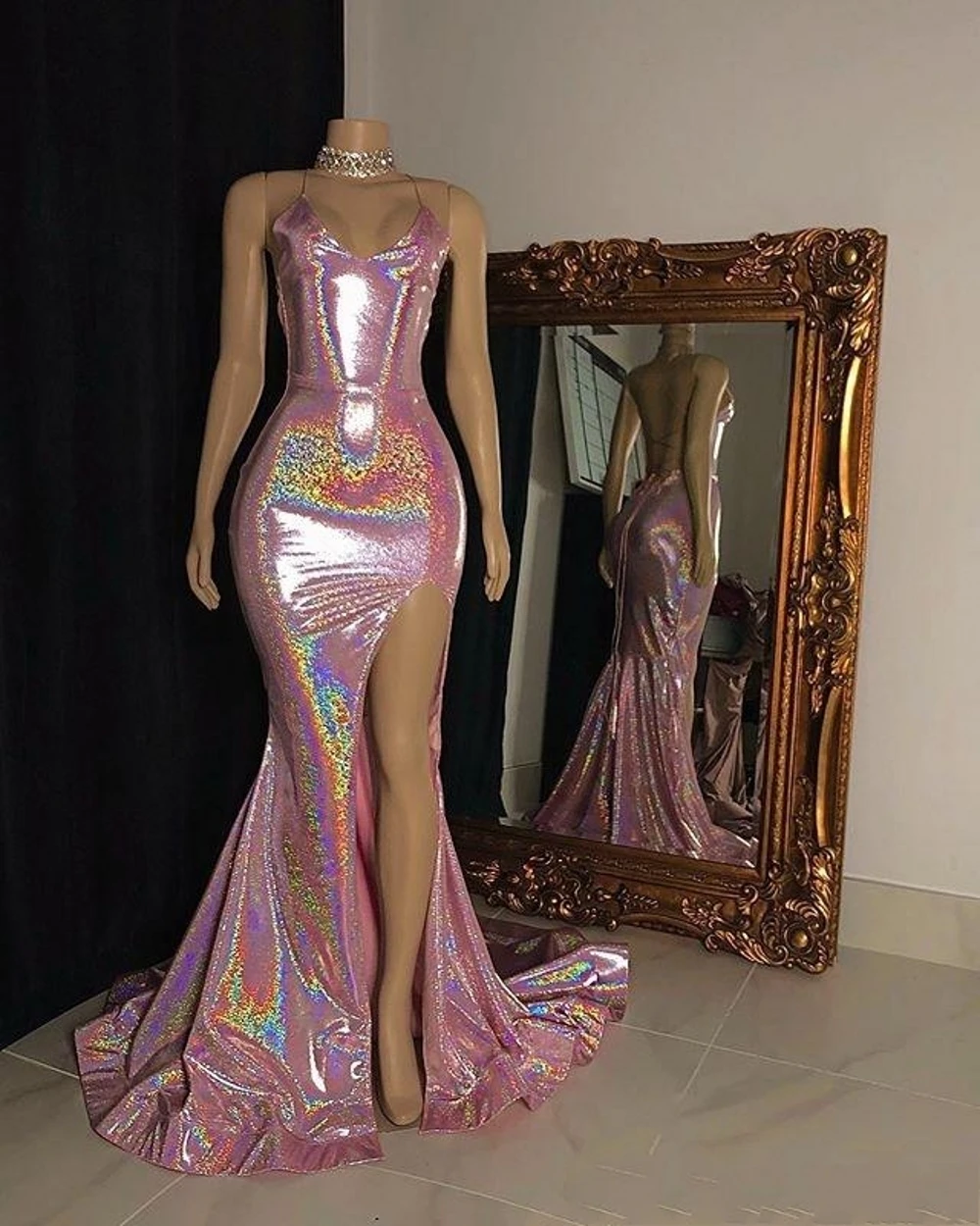 Prom Dresses 2021 For Black Girls High Split Sequined Backless Party Gowns Custom Made Plus Size Prom Gowns