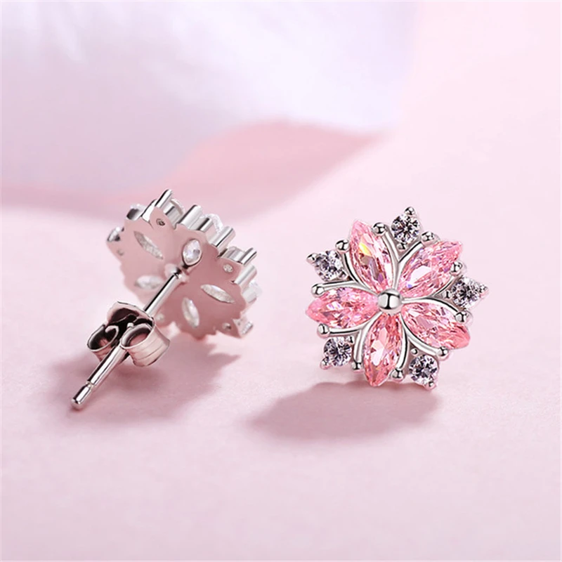 Bohemia Crystal Female Pink Snowfalke Earrings Wedding Jewelry Boho Small Sakura Flower Stud Earrings For Women Exquisite gift