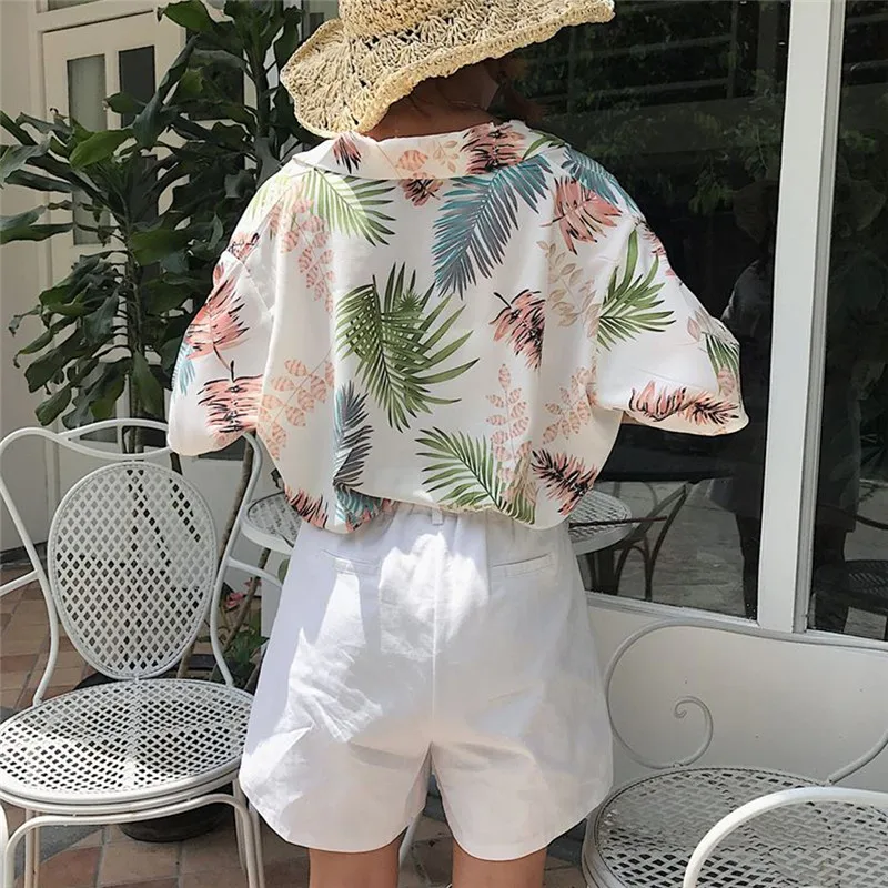 Summer New Female Hawaiian Fashion Floral Short Sleeve Shirts Ladies  Loose Casual Tops Chiffon Blouses One size