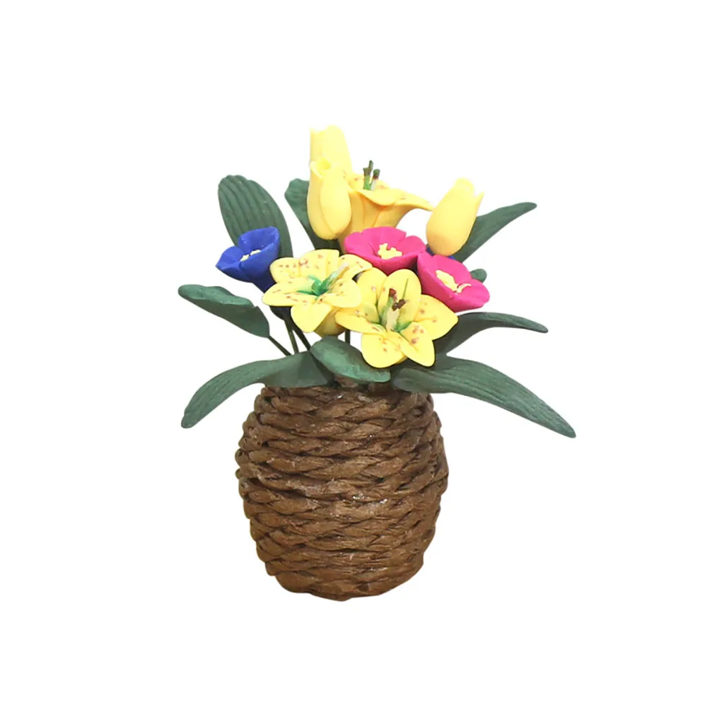 1Pcs 1/12 Dollhouse Miniature Accessories Mini Yellower Lily Model Simulation Flower Basket Toys for Doll House Decoration