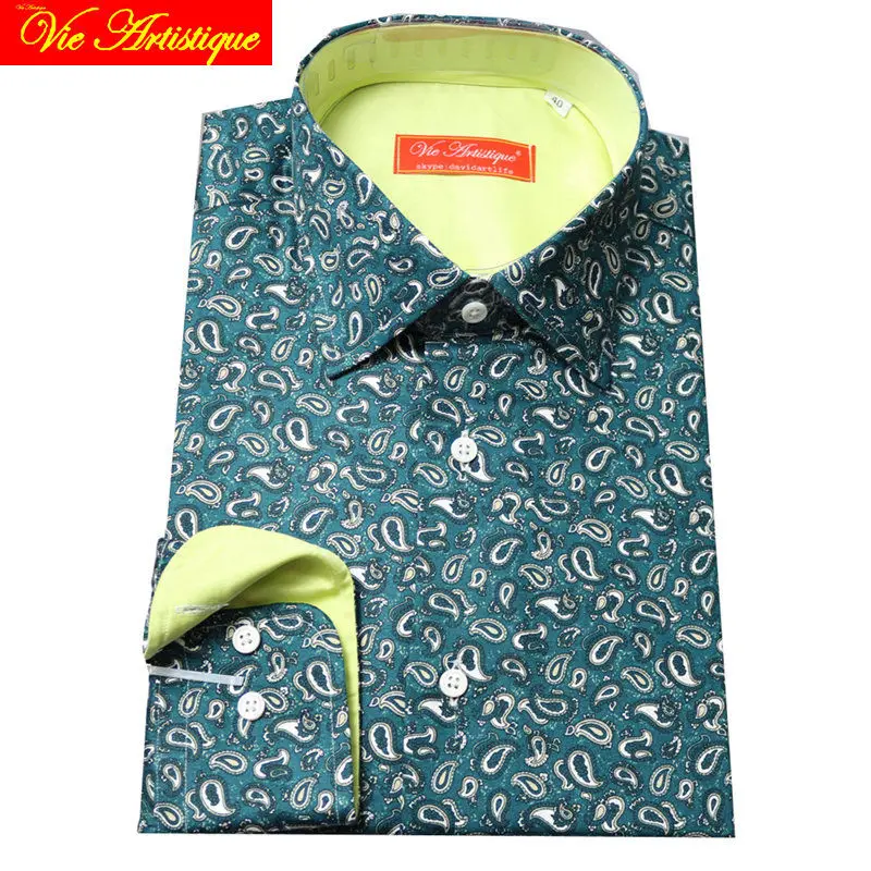 

custom tailor made Men's bespoke cotton floral shirts business formal wedding ware blouse green printed white paisley flower