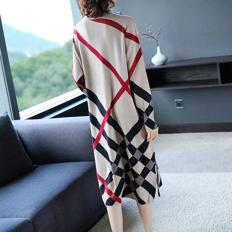 Robe pull à col roulé à carreaux pour femmes, pull astronomique, longueur au genou, patchwork, vêtements féminins, printemps, automne, mode, ogo, 2022