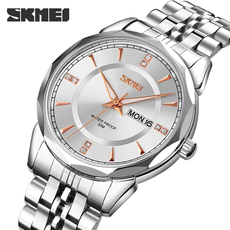 

Fashion Stainless Steel Quartz Watch For Man Luxury Brand SKMEI Dress Wristwatch Week Calendar Men's Watches Simple Design Hour