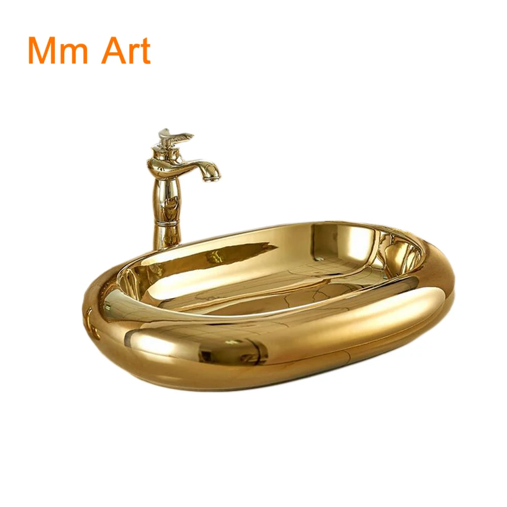 Hot Sale High Quality Wash Basin China Manufacturer Gold Art Basin Sanitary Ware Ceramic Oval Sink Art Basin