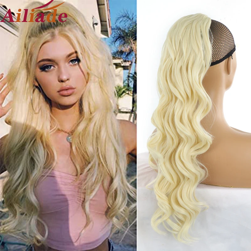 

AILIADE Long Wavy Curly Style Ponytail Hair Synthetic Drawstring Ponytail Clip in Hairpiece Black Wave Ponytail for Black Women