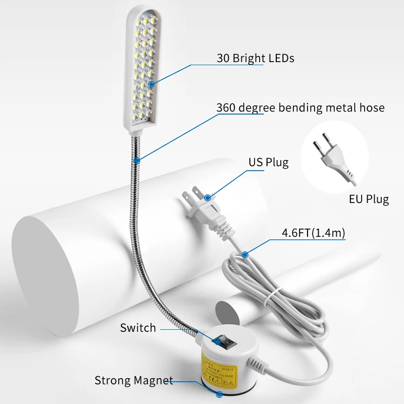 Lámpara de iluminación LED para máquina de coser Industrial, accesorios para máquina de ropa, luz de trabajo, cuello de cisne Flexible de 20/30 °,