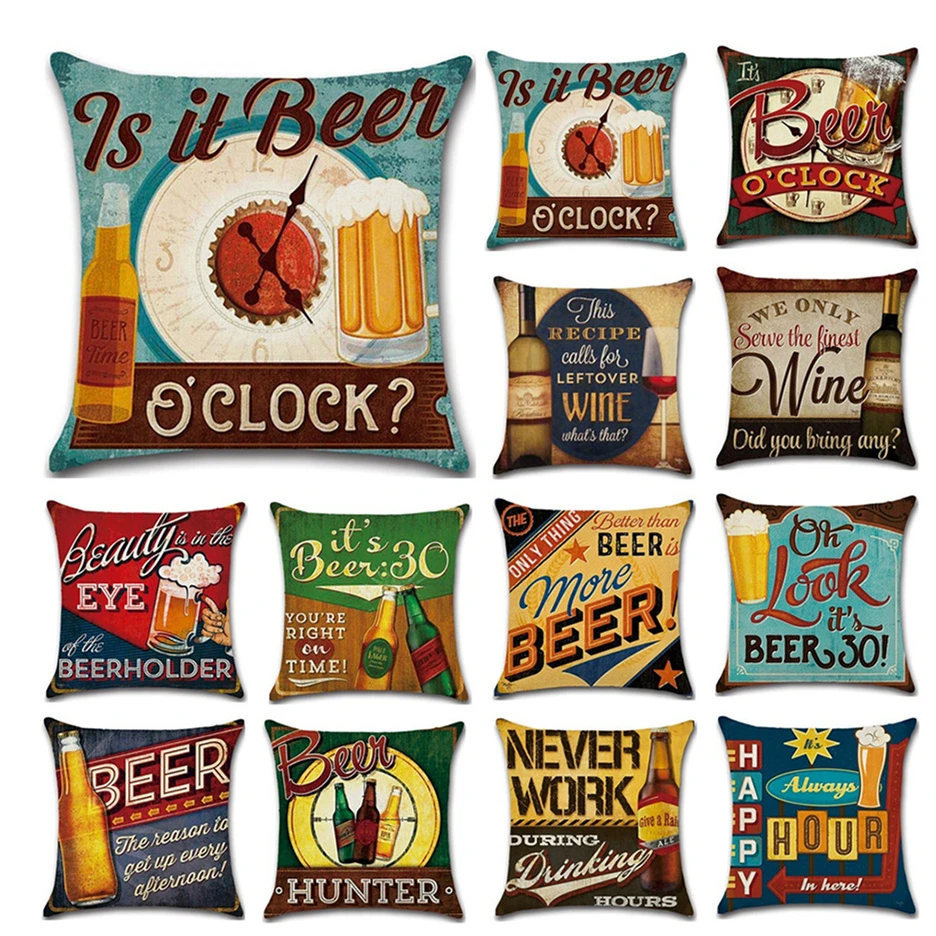 British Style Retro Beer Wine Bottles Cushion Cover Farmhouse Linen Sofa Decorative Pillows Cover Livingroom Bar Throw Pillows