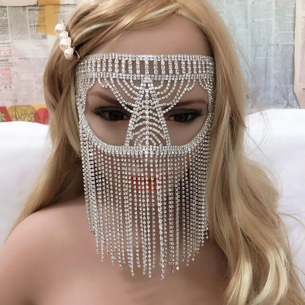 Fashion luxury crystal tassel mask women jewelry ball party shiny Rhinestone Mask Halloween headdress sexy mask accessories