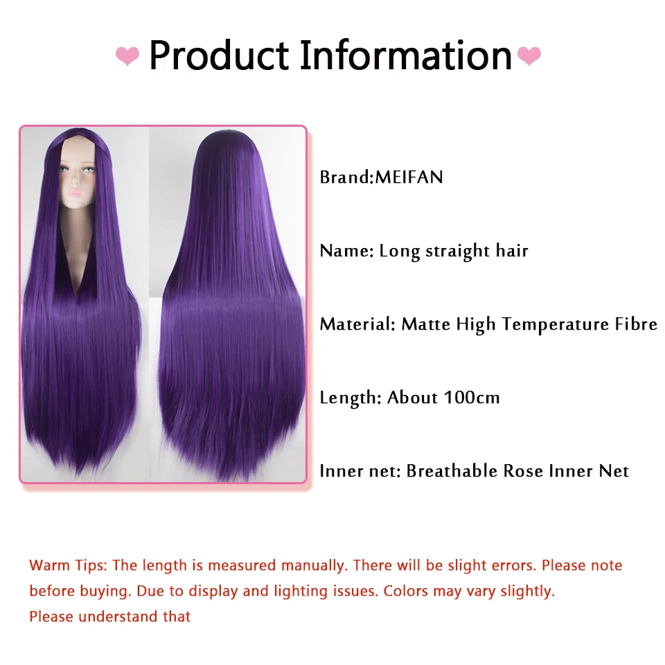 MEIFAN Synthetic Lolita Cosplay Wig Blonde Blue Red Pink Green Purple Hair for Cosplay Party 100CM Long Straight Wigs for Women