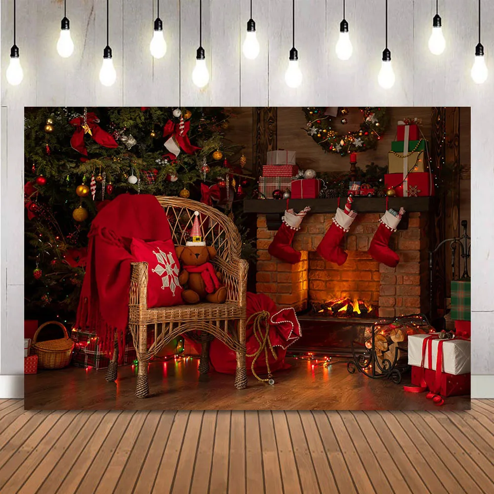 Christmas Fireplace Red Sock Photography Backdrop Santa Claus Gift Bag Photo Background Studio Photocall Toy X-mas Tree Wreath