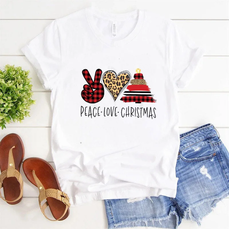 

Цветная футболка с леопардовым принтом, надписью Peace Love, женская летняя зимняя футболка с рождественским принтом, футболка для отдыха для девочек, футболки с графическим принтом, уличная одежда