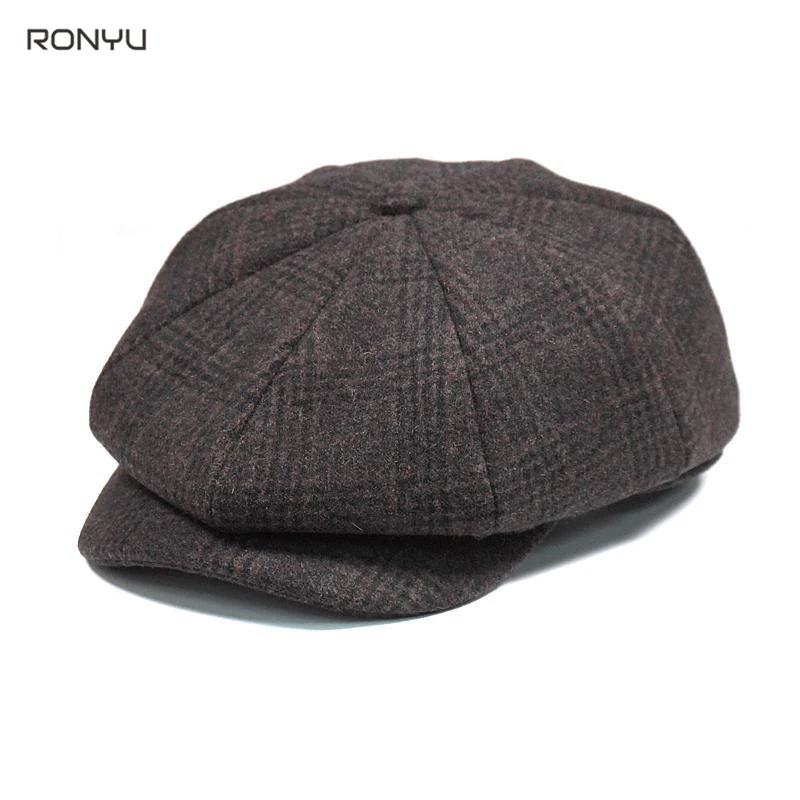 Men Herringbone Gray Octagon Cap British Style Gatsby Flat Cap Winter Wool Cap Men Women Retro Berets For Men Baker Boy Hat NM23