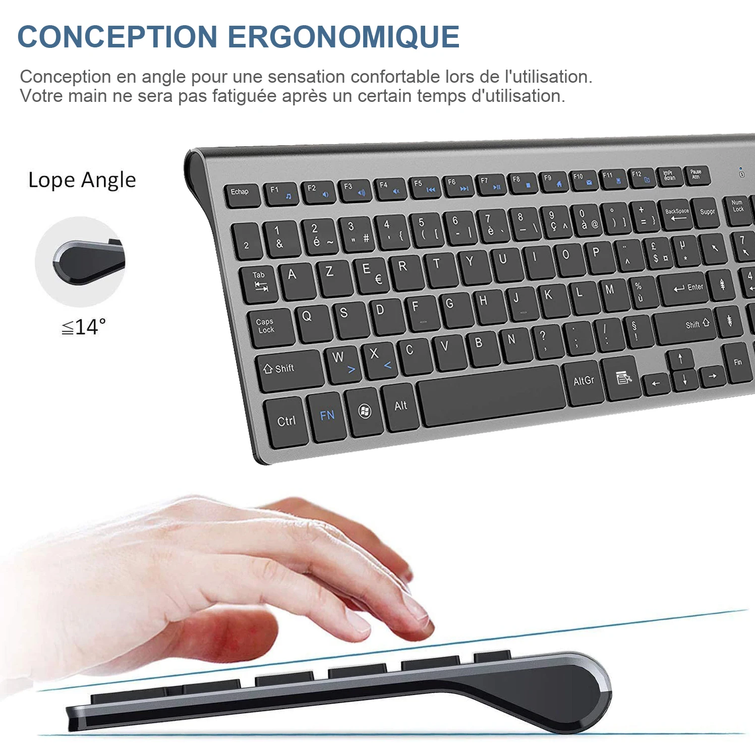 2.4G Silent Compact Mouse Keyboard French AZERTY Layout Ultra-Slim Wireless Keyboard and Mouse Set for PC/Laptop/Windows