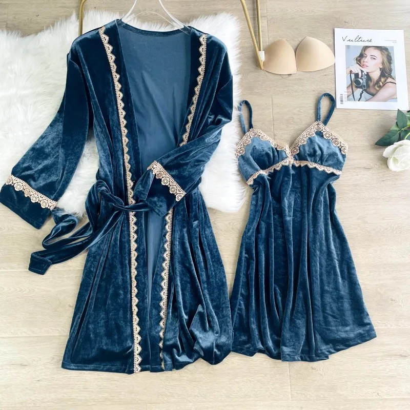 

Women Lace Floral Robe Sets 2PCS Velour Bride Rayon Dressing Gown Sexy Sleepshirt Bathrobe Autumn Loose Underwear Homewear M-XXL