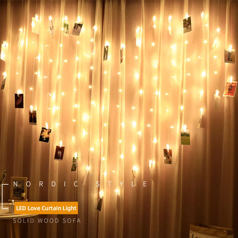 

2x1.5M Heart-Shaped Photo Clips String Lights Romantic Curtain Light for Home Birthday Party Wedding Sweet Ambience Decoration