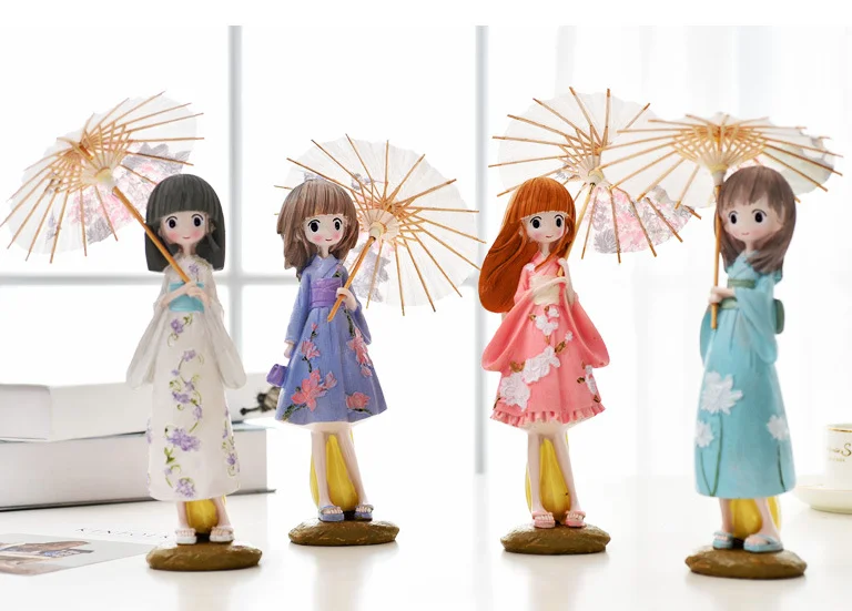 

resin doll craft Kimono dressing girl statue Japanese kawaii lady umbrella Desktop ornaments home decoration gift a0288