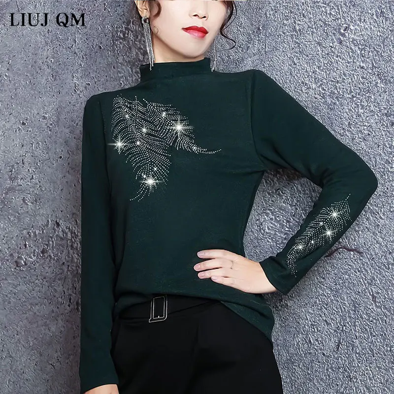 Winter T Shirt Women Plus Velvet Half-high Collar Bottoming Shirt Women Diamond Fashion European Slim Long-sleeved Tshirt Women