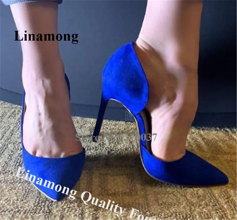 

Linamong Women Elegant Pointed Toe Suede Leather Shallow Stiletto Heel Pumps Blue Slip-on High Heels Formal Dress Shoes Big Size