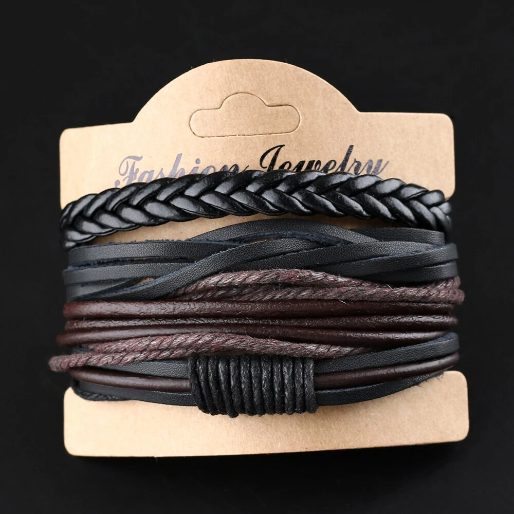 2024 Vintage 4pcs/sets Black Brown Multilayer Leather Bracelet Men Trend Weave Handmade Rope Wrap Bracelets & Bangles Jewelry