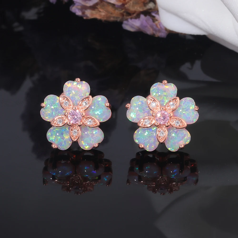 CiNily White & Blue & Green Fire Opal Stone Stud Earrings Silver Plated Flower Flora Cherry Blossom Spring Bohemia Boho Jewelry