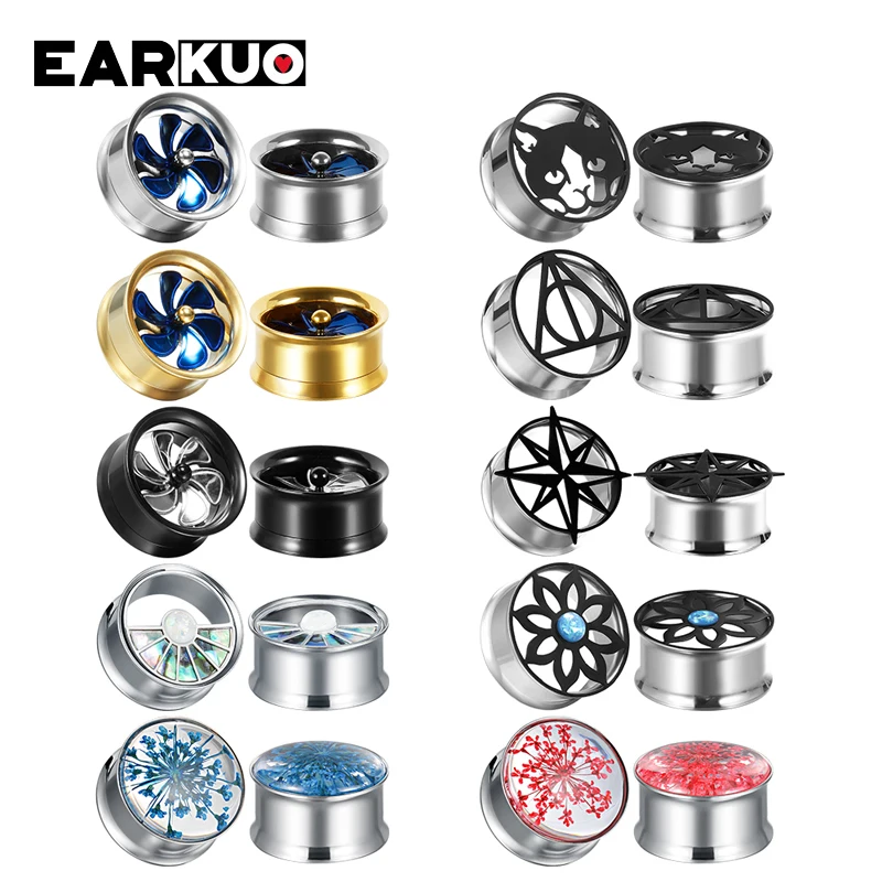 EARKUO Top Quality Stainless Steel Flower Fan Shape Ear Gauges Stretchers Expanders Body Piercing Jewelry Ear Tunnels Plugs 2PCS