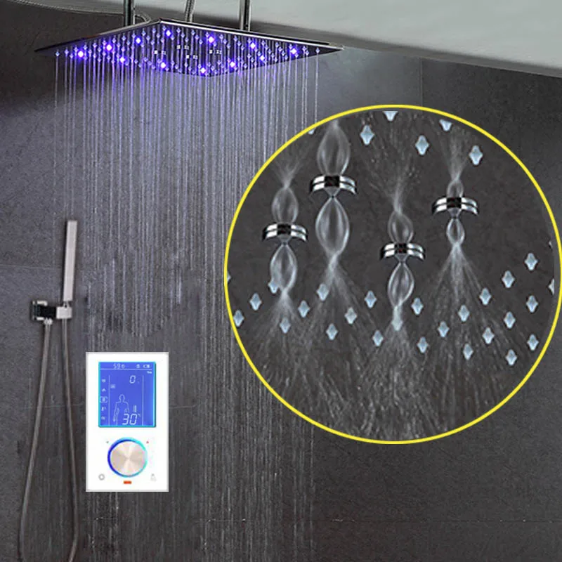 

Digital Shower Bathroom System LCD Thermostat Diverter LED Shower Set 16" SPA Mist Rainfall Shower Head 304SUS With Hand Spray