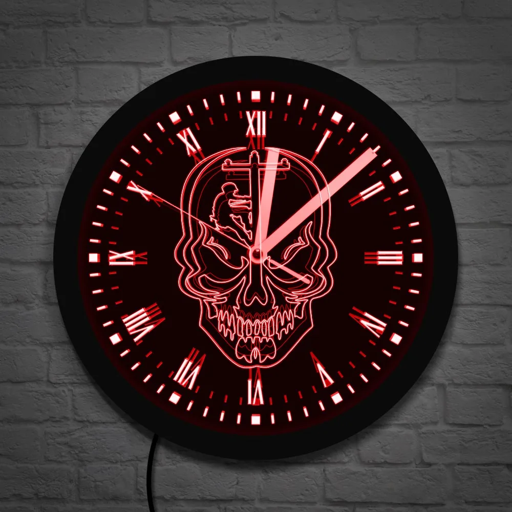 

Power Lineman Electric LED Neon Sign Wall Clock Lineman Skull Journeyman And Vintage Smile Skull Acrylic Clock Modern Wall Light