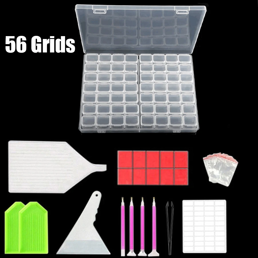 64/56/28 Cells Plastic Storage Box Stickers Sets For Diamond Painting Accessories Tools Bead Tray Plate Case Container Organizer