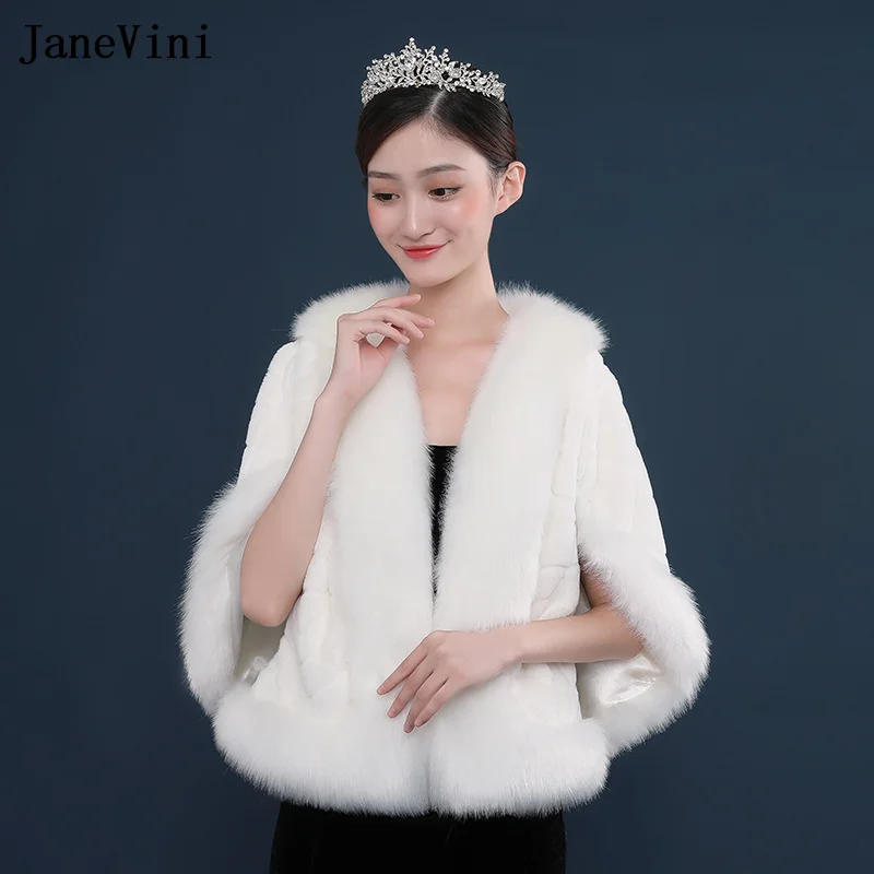 JaneVini Fourrure Blanche Weiß Faux Fur Wrap Winter Hochzeit Cape Braut Bolero Braut Hochzeit Mantel Formale Boleros Stolen Schals