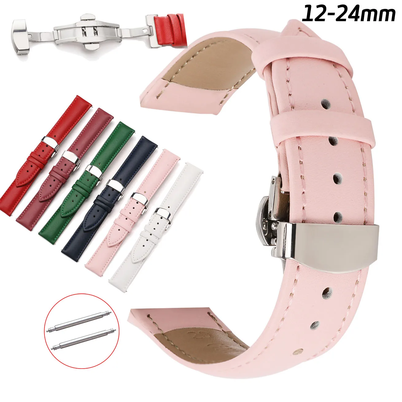 12 14 16 18 20 22 24mm Genuine Leather Watch Band Wristwatch Strap Women Men Butterfly Buckle Wristband with Pins