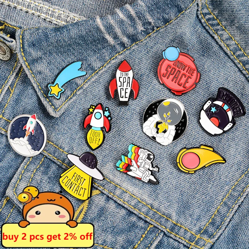 10styles To the Space Enamel Pins Custom Astronaut Space Ship Rocket UFO Brooch Bag Lapel Pin Shirt Badge Jewelry Gift for Kids