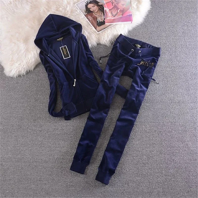 Juicy Lovers Brand Autumn Women Sporting Suits Navy Blue Gray Pink Velvet Women Tracksuits Hooded Collar Jogging Sportswear suit