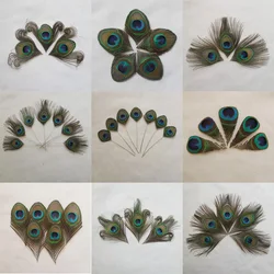 ¡10 unids/lote! Trajes de ojo de pavo real recortados con plumas de pavo real, accesorios para collares, decoración decorativa de boda, ciruelas, atado de moscas