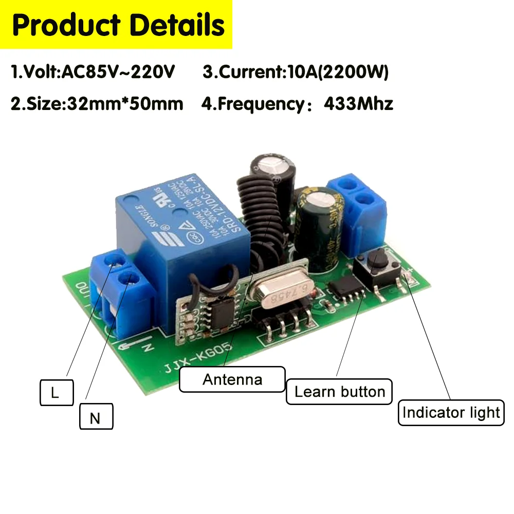 Wireless Remote Control 433 Mhz AC220V 10A 1CH Relay Receiver ON OFF Button Universal Rf Remote Control For Led Lights Bulb DIY