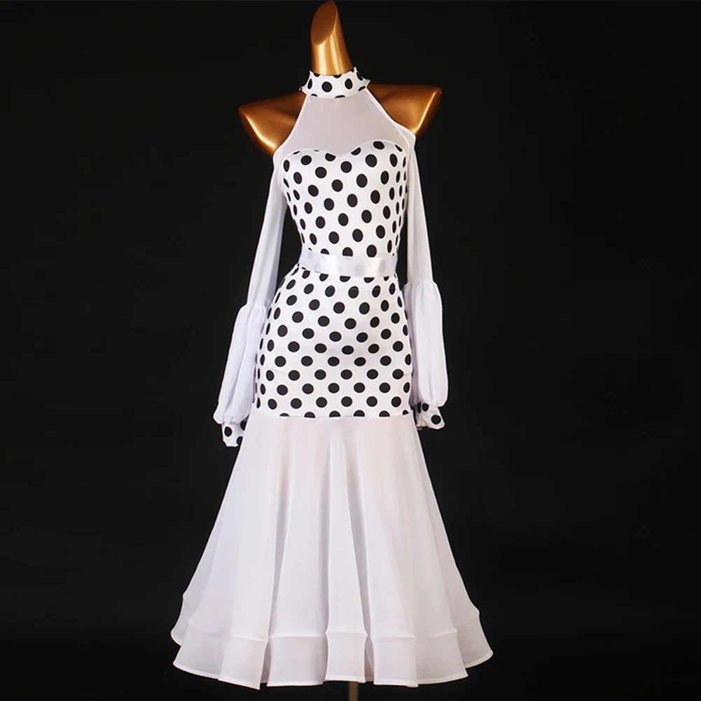 

Modern Dance Dress High Collar Mesh Sleeve Long Skirt Performance Clothing High-End Custom Woman Competition Polka Dot Gown