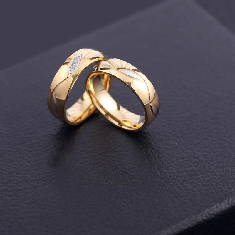 Gold Silver Color Couples Rings with Rhinestone Bride Wedding Stainless Steel Ring Unisex Women Men Fashion Jewelry Gifts WC075