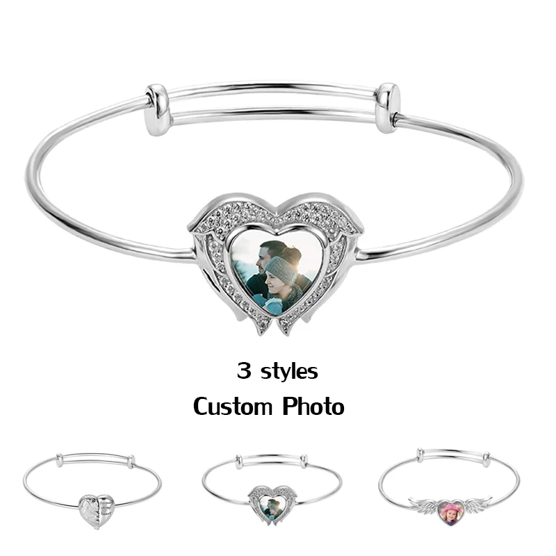 

Custom Photo Bracelet For Women Femme Jewelry Mum Daugther Gift Personalized Heart Picture Bracelets Fashion Platinum Bangles