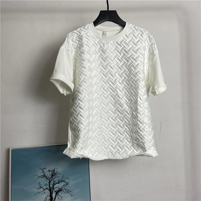 Men Summer O Neck Short Sleeve T Shirt Designer Weave Loose Fit White T Shirt High Street Pullover Casual Tops Male M-2XL