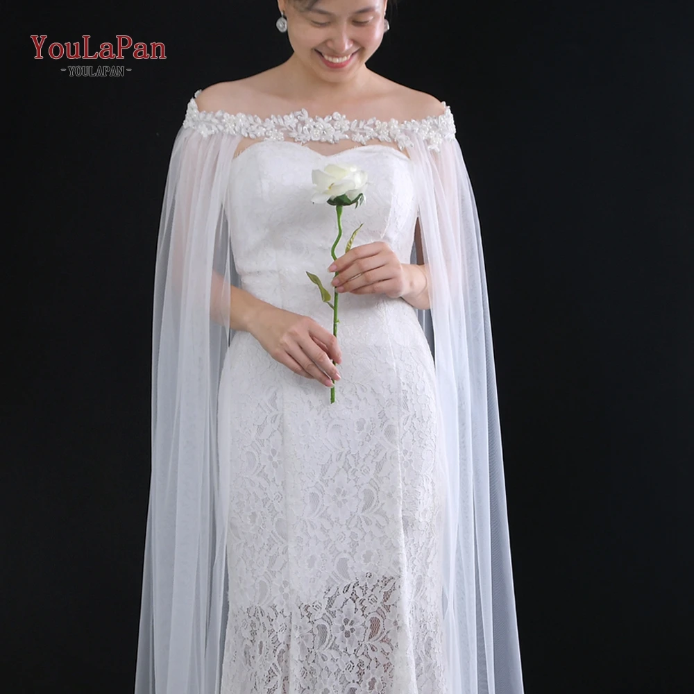 YouLaPan G26 Bridal Bolero Plus Size Wedding Cloak 3M long Shoulder Cover Cathedral Bride Shawl Rhinestones Beads DIYbridal Cape