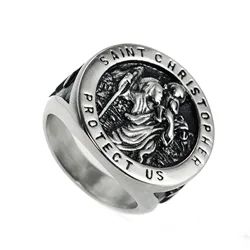 MIQIAO Stainless Steel Titanium Bible God Cross The St Christopher Protection Rings for Men Women Couple Friends Gift Jewelry An
