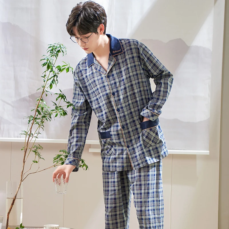 Men Plaid Cardigan Nightwear Suit Autumn Woven Cotton Long Sleeve High Quality Pajamas Casual Homewear M-XXXL Pijamas Hombre