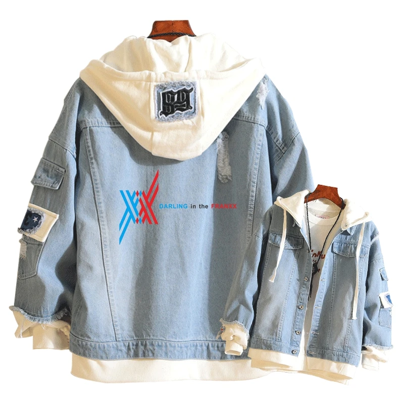 DARLING in the FRANXX Layered Denim Jacket Anime Hoodies Autumn Coats Oversized Sweatshirt Women Jeans Jacket Unisex Streetwear
