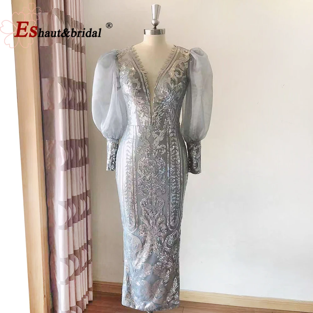 Vestidos de Noche elegantes de manga larga con lentejuelas para mujer, vestido Formal de lujo hasta el té con cuello en V para fiesta de graduación y boda, personalizado, 2024